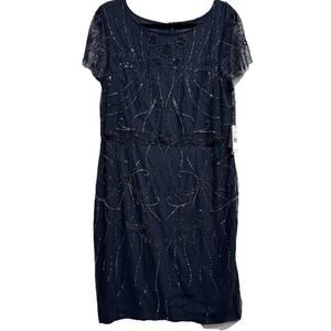 Adrianna Papell Embellished Midi Evening Dress Size 16 Midnight Short Sleeve NWT